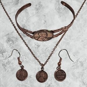 ๐ฃ Copper Penny Lincoln Mini 1964 Necklace & Dangle ER & Cuff REAL Penny 1968 ๐